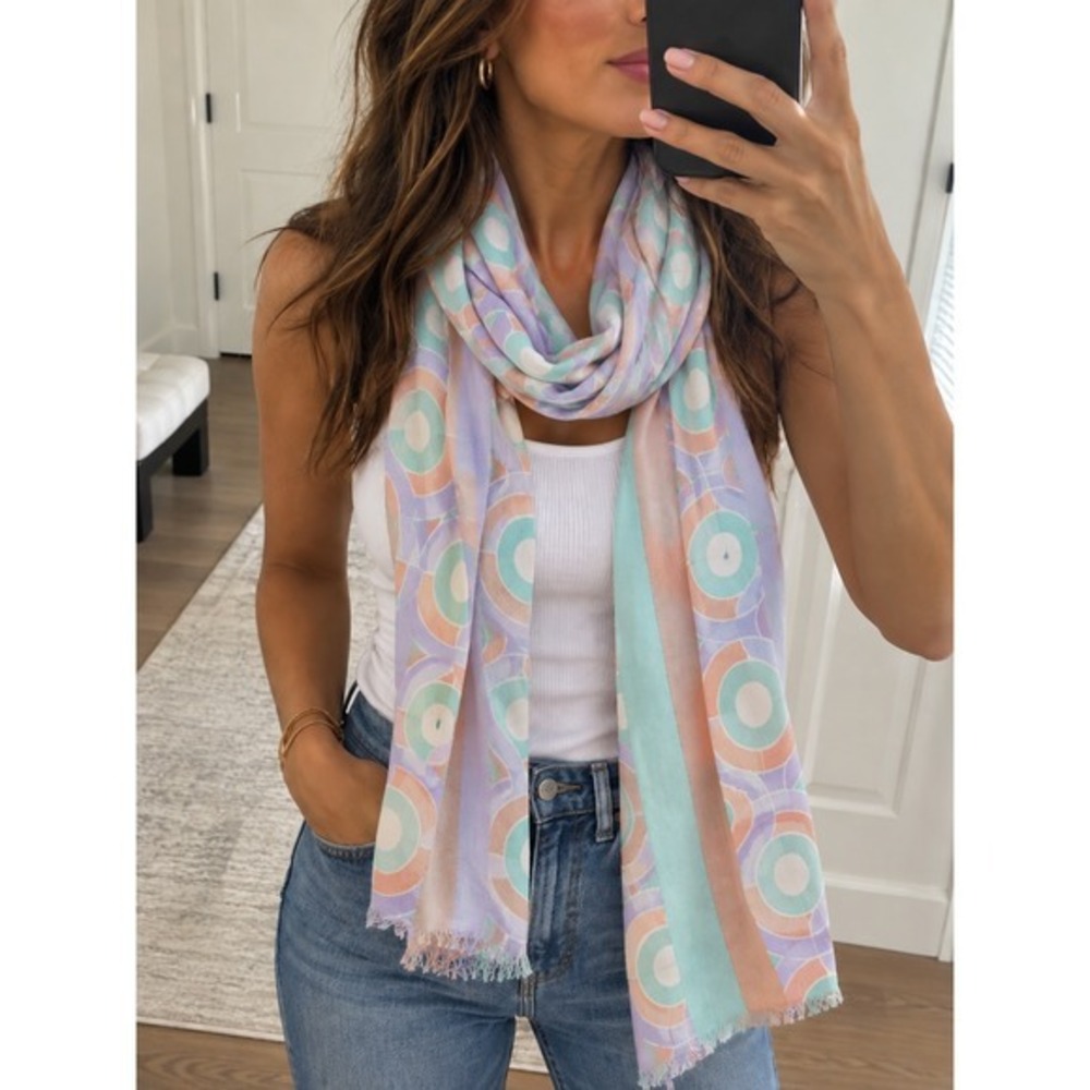 Kate Spade Pink Lavender Green Geometric Silk Blend Oblong Scarf Fringed 27x80